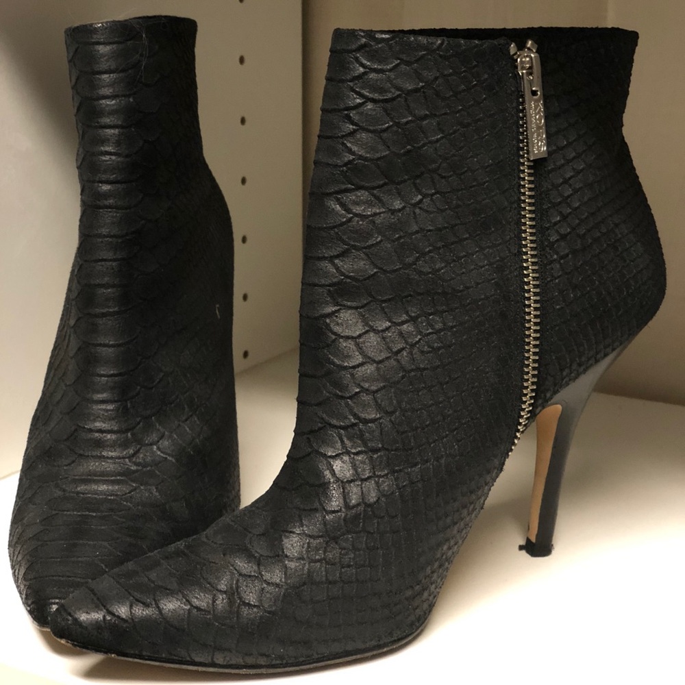 Michael Kors jet black snake print ankle boots.